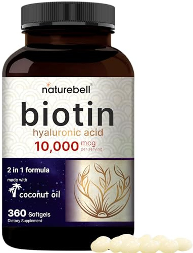 NatureBell Biotin 10000mcg + Hyaluronic Acid 25mg | 360 Coconut Oil Softgels, Premium Biotin Supplement for Hair Skin and Nails*