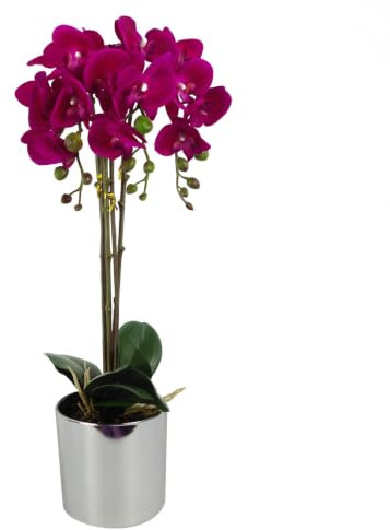 Leaf Design UK Realistic Artificial Orchid Flower Display in Pot, Dark Pink Silver