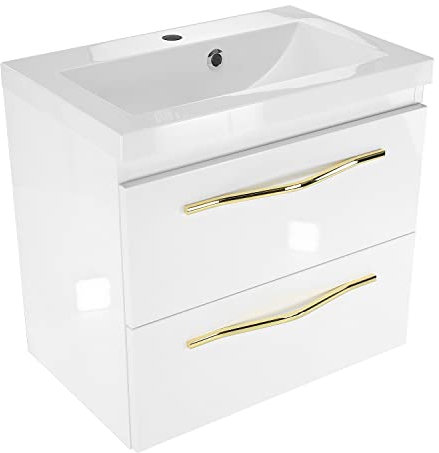 Mineralguss Waschbecken mit Unterschrank 60 cm Breit Girona Sink2, Waschtisch mit Unterschrank Hängend mit Schubladen, Waschplätze, Waschbeckenunterschrank Weiß Hochglanz mit Goldgriff