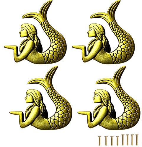 Powerful 4 Pcs Mermaid Drawer Knobs, Vintage Cabinet Knobs Drawer Handles with 8 Pcs Screw, for Dresser, Cabinet, Wardrobe, Cupboard, Bathroom, Office (1.6×2.4)
