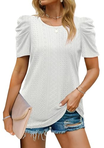 Aokosor Ladies Tops for Womens T Shirts Summer Clothes Round Neck Tshirts Gigot Sleeve Casual Tees Eyelet Tops