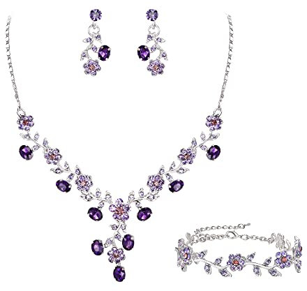 EVER FAITH Hochzeit Party Schmuck Set für Braut österreichischen Kristall Cluster Blume Kostüm Halskette Ohrringe Armband Violett Silber-Ton