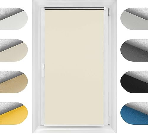 Birrke Thermorollo ohne Bohren/mit Bohren 2in1 140x230 cm - Verdunklungsrollo für Hitzeschutz und Sonnenschutz - Fenster Verdunkelungsrollo - Einfache Montage Ecru