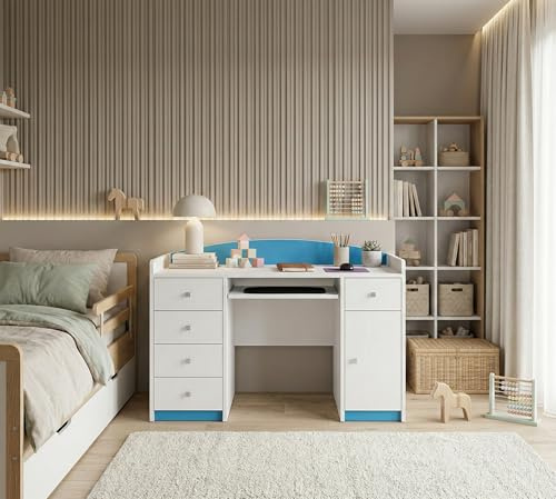 Happy Babies Schreibtisch für Kinder 125x89x60 Computertisch mit Tastaturablage weiß Blau Möbel für Kinderzimmer mit Schubladen Motive Teddybär und Hase