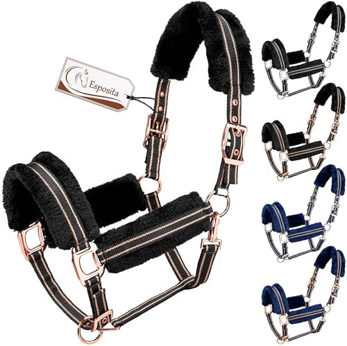 Esposita Halfter Champion Edition Stallhalfter Fellhalfter Flauschhalfter weich unterlegt mit Kunstfell flauschig (Cob/VB, Schwarz/Rosegold)