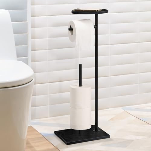 Porte-Papier Toilette sur Pied avec étagère de Rangement supérieure, Porte-Rouleau de Papier Toilette sur Pied, Support de Papier Toilette, Distributeur de Papier Toilette, Noir