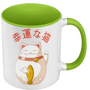 Mug de Couleur Qualité Premium Vert - Maneki-Neko Chat Japon Asie Culture Chine Porte Bonheur - Tasse avec anse et intérieur de couleur