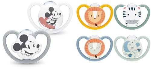 NUK Space Schnuller | 6-18 Monate | Schnuller mit extra Belüftung | BPA-freies Silikon | Disney Mickey Maus | grau und weiß | 2 Stück & Space Day & Night Babyschnuller | 18-36 Monate