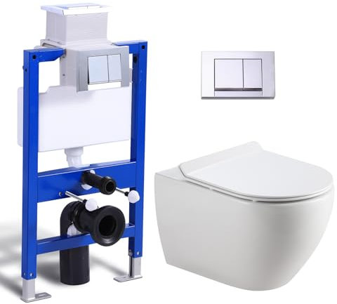 Hänge WC Toiletten Vorwandelement WC Set Komplett, Toilette mit Unterputz Spülkasten, WC Drückerplatte Betätigungsplatte, Wand WC mit Soft-Close Absenkautomatik UF Deckel, Kloschüssel für Gäste wc