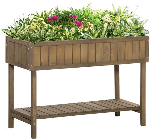 Outsunny Jardinière sur Pieds carré Potager avec étagère dim. 110L x 46l x 76H cm 8 Compartiments & Inserts d'irrigation Bois de Sapin