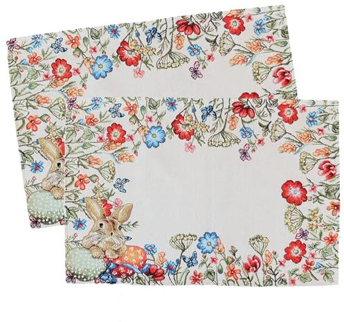 Gobelin Tischset 2er Pack Ostern Tischdeko mit Baumwolle Osterdeko Untersetzer Esstisch Deko Landhaus Typ884 Platzsets 35x50 cm Osterhase Blumenwiese