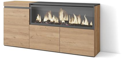 Skraut Home | Sideboard, Highboard | Kommode, Komodenschrank | 160 | 3 Türen | Elektrokamin XXL | Moderner Stil | Eiche