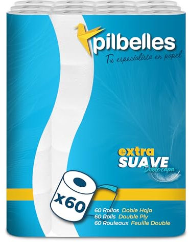 PILBELLES Papel Higiénico Extra Suave - 60 Rollos - 2 capas, Más de 160 Hojas por Rollo, Sin Perfumes, 100% Celulosa Certificado Ecolabel