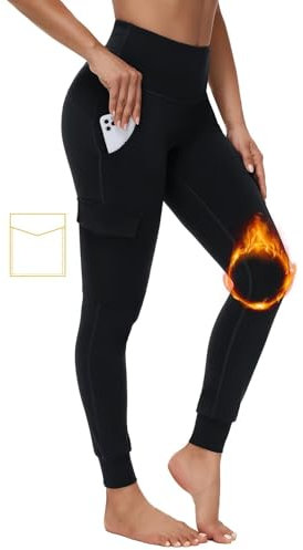 BAYGE Damen Thermo Cargohose Winter Hohe Taille Fleece Gefüttert Leggings Wasserdicht Bauchkontrolle Slim Fit Jogginghose Wanderhose Yogahose Sporthose Sweathose mit Taschen, Schwarz, XXL