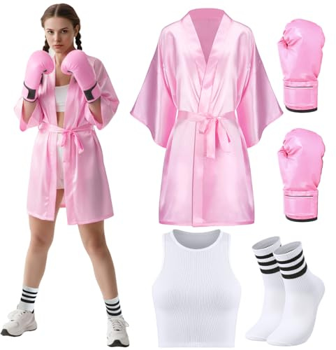 Maiteenly 5 Pcs Halloween Boxing Costume Set for Adult Women Pink Boxer Costumes Set with Satin Boxing Robe Face Paint
