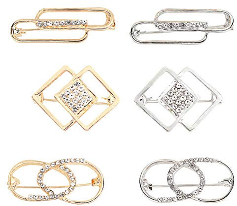 TEHAUX 6 Stück Damen Sicherheitsnadel mit Strasssteinen - Silber & Gold Geometrische Broschen Rhinestone - Dekorative Sicherheitsnadeln für Hemden, Schals Clips, Reverskragen, Kleider