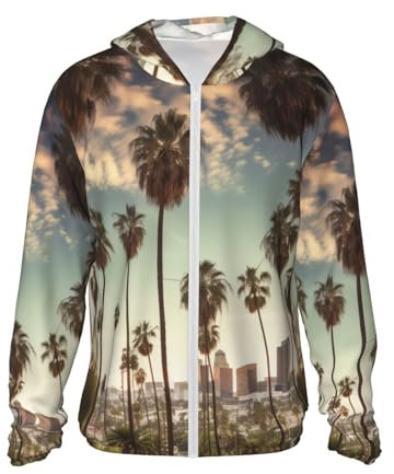 LSF 50+ Sonnenschutz-Kapuzenjacke, durchgehender Reißverschluss, langärmelig, Los Angeles, Palmen, Angelshirt, Schwarz , L