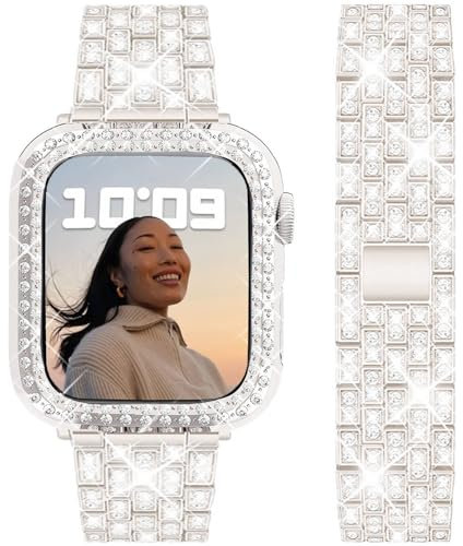 DEALELE Cinturini compatibili con Apple Watch 41 mm 45 mm, cinturino in metallo con strass e custodia protettiva, di ricambio, per iWatch serie 9/8/7, unisex, 45 mm, Starlight)