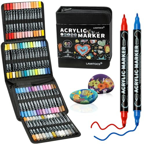 Lamitocs Acrylic Paint Pens Acrylic Paint Markers,60 Colours Fine & Dot Dual Tip Paint Markers for Rock Painting, Wood, Canvas, Calligraphy, DIY-Christmas Crafts Art Supplies