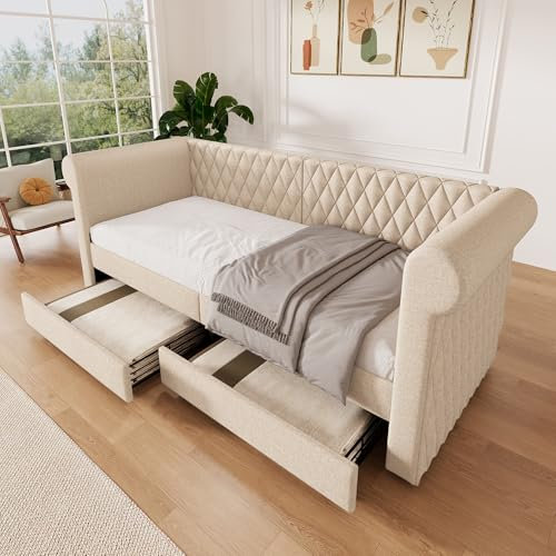KAZZIO Vintage Kopfteil Polsterbett Sofabett 90x200cm, Schlafsofa Tagesbett mit 2 Stauraum Schubladen, Kinderbett Jugendbett Bettgestell mit Lattenrost aus Holz, Linen (Ohne Matratze) (Beige)