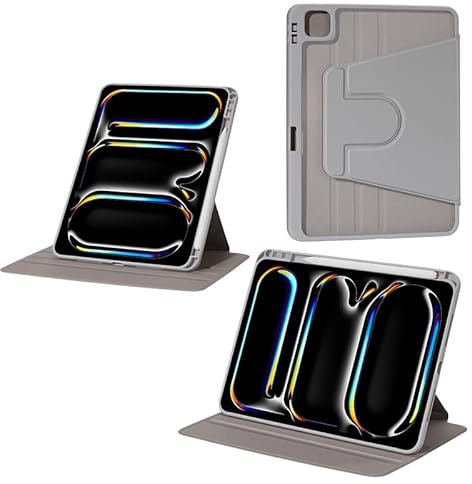 Yhsvie Custodia girevole per iPad Air 13 pollici (M2) 2024 con portapenne, custodia in pelle PU con supporto, girevole a 360 gradi, retro trasparente, auto guardia/sonno grigio