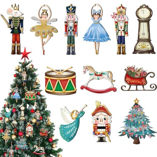 Schiaccianoci in legno, decorazione per albero di Natale, set da appendere con tema schiaccianoci per alberi di Natale, classici 12 pezzi, per decorazioni stagionali, natalizi da appendere