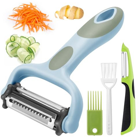 Senbowe Julienne Peeler, Potato Vegetable Peeler for Kitchen, I and Y Potato Peelers for Apple Fruit Carrot Zucchini Cucumber Veggie, 3 in 1 Blade Spin Design, Anti-Slip Handle