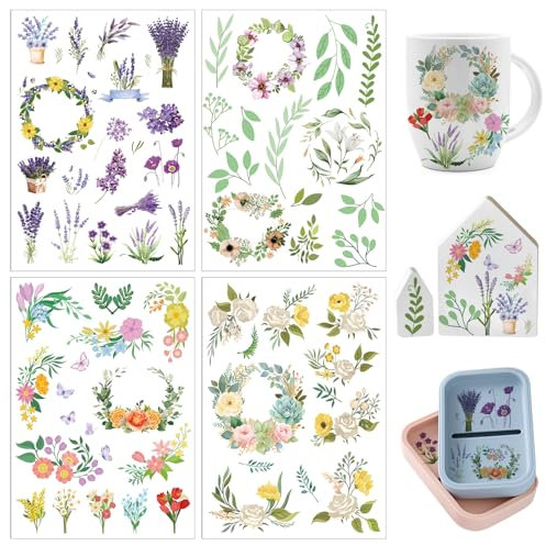 4 Blatt A5 Rub On Sticker Blumen, 21x14cm Rub Ons Flowers, Transferaufkleber Selbstklebend Rub On Folie Blume, Rub On Folie Frühling, Rub On Folie Sprüche für Glas Holz Möbel Scrapbooking