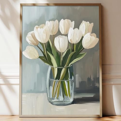 Toile murale à fleurs blanches - Impression botanique vintage - Tulipe blanche - Peinture de fleurs - Impression botanique abstraite - Vase de fleurs - Impression florale de campagne française - 40,6