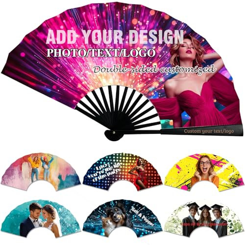 1 Pcs Personalised Hand Folding Fans with Picture Text Custom Photo Handheld Silk Fabric Fans for Women Girls Summer Party Event Favour Birthday Wedding Gift (1)