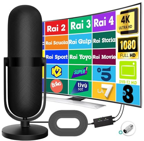 Antenna TV Interna Amplificata Potente, Antenna Portatile Supporto DVB-T/T2, Antenne Digitale Terrestre per Smart TV 4K, Canali Rai/Mediaset, con Segnale Booster, Base Magnetica e Cavo 5m - Nero