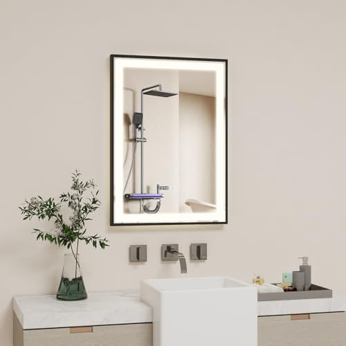 YOURLITE Badspiegel mit Beleuchtung 50x70cm,Badezimmerspiegel mit Beleuchtung und Uhr, 3 Lichtfarben Dimmbar, Touch-Schalter, Beschlagfrei, LED Badezimmerspiegel Wandspiegel, Speicherfunktion, Schwarz