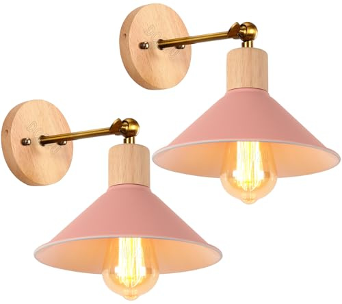 PETITES ECREVISSES 2 packs Appliques Murales Interieur Modernes Lampe Murale Industrielles en Métal Spots muraux Design Ajustable Luminaire E27 ø22cm pour Chambre Séjour Cuisine (Rose - avec bois)