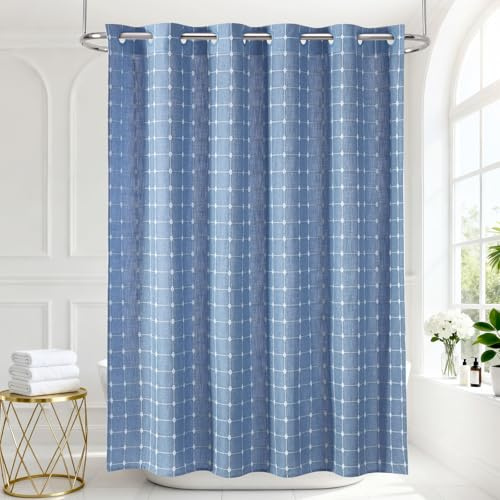 VANZAVANZU Duschvorhang Ohne Haken, Kariert, Polyester-Leinen, Wasserdicht Beschichtet, Landhausstil, Rustikal, Shabby Chic, Neutral, 182x190cm