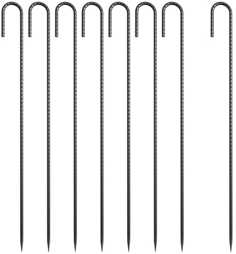 OK5STAR 24 Ground Rebar Stakes Heavy Duty J Hook Ground Anchors, 5/16 inch Curved Steel Tent Stakes Anti Rust Steel Ground Stakes for Chain Link Wire Fencing, Pack of 8, Black