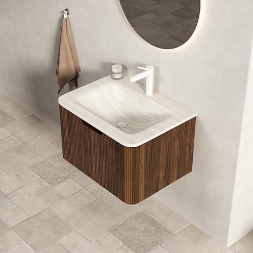 Bladez Roz 60cm Wandmontierter Badezimmer-Waschtisch – Unterbau-Waschbecken aus Roma Travertin Stein, Schrank mit Schublade in Walnuss Holzmaserung, Vormontiert – Modernes Badmöbel-Set (Beige+Walnut)