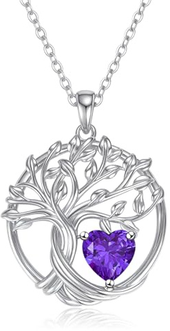 Collier Arbre de Vie pour Femme Argent 925, Pendentif Arbre de Vie Avec Pierre de Naissance Famille Bijoux en Améthyste, Idées de Cadeaux pour Petite Amie Fille Sœur Cadeau de Noël I'anniversaire