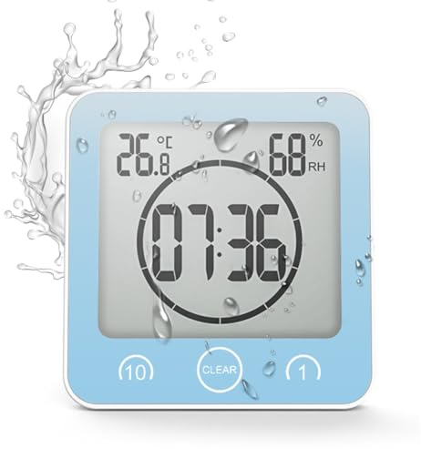 Peelanmall Baduhr Badezimmeruhr,Badewannentimer‌ mit Hygrometer und Thermometer,LED Display,IP25 Waterproof,Digitale Badezimmeruhr,Countdown Timer für Dusche,Küche,Familienalltag (Blau)