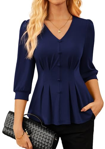 GRACE KARIN Women's Elegant Blouse Shirt V-Neck 3/4 Lantern Sleeve Shirt Pleated Stretch Knit Blouse Tops for Office Work