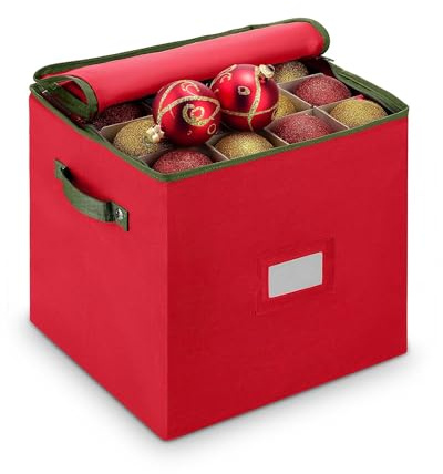Snowalva Christmas Bauble Storage Box, 4-Layer Ornament Storage with 64 Adjustable Compartments, Durable Bauble Storage Box with Removable Zipper Lid for Christmas Decorations & Xmas Ornaments, Red