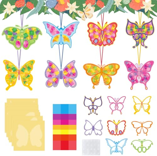 Kaluofan Bastelset Kinder,24 Stück DIY Fensterbilder Schmetterling Basteln | Fensterbilder Schmetterlinge Basteln kinder,Frühlingsdeko Bastelset Fensterbilder mit Fensterfolie,7 Farben Konfetti