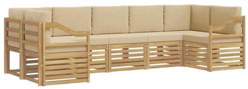 vidaXL Ecksofa Set 7 pcs Weiß und Beige 304 x 126,5 x 73 cm Polyester, Akazienholz Sofa für draußen, stylisches Gartenmöbel, modulares Set für Terrasse und Poolbereich