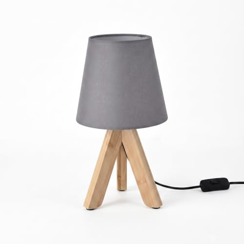 MinteVolt Nachttischlampe Bambus 32cm Hellgrau Stoffschirm | Leselampe, Tischlampe, Dreibein Stativ, für Schlafzimmer, Wohnzimmer und Büro, Warmes Licht, E14 Fassung, Klein, Holz