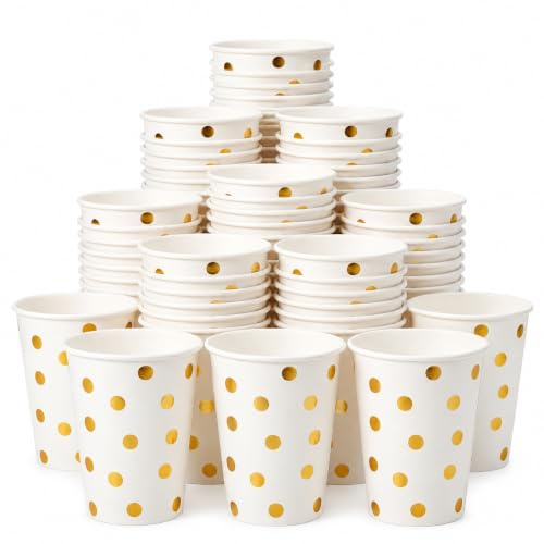 MIVARA 200 White Gold Polka Dot Paper Cups 9oz Party Cups Birthday Wedding | Disposable gold foil polka dot paper cups for weddings, birthdays & parties – sturdy 9oz, holds hot & cold drinks