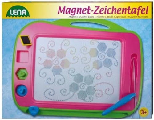 Lena 65714 - Große Color Magnet Zeichentafel, Magnettafel ca. 41 cm, Zaubertafel mit Griff, befestigten Stift und 3 Stempel, Zaubermaltafel für Kinder ab 3 Jahre, Maltafel mit 4 Farbfeldern, Rosa
