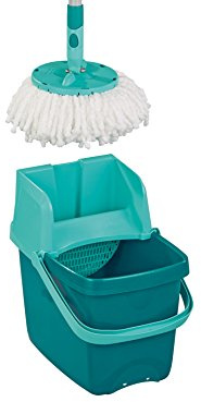 Leifheit Set Combi Disc Mop, Wischmopp mit Stiel, Eimer & Auspresssieb, Bodenwischer Set für Komfortables Reinigen, Wischer reinigt schnell & gründlich, Mop mit Click-System