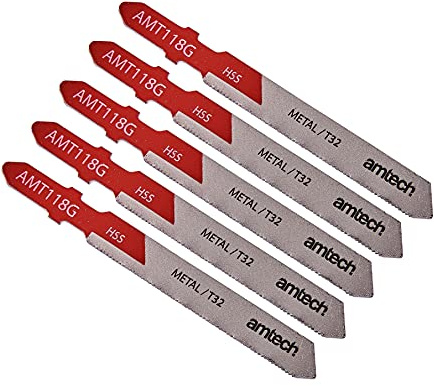 Amtech 5pc Metal Jigsaw Blade Set (AMT118G), HSS T-Shank, 75 mm, 32 TPI for Very Thin Metal Plates 0.5 1.5 mm