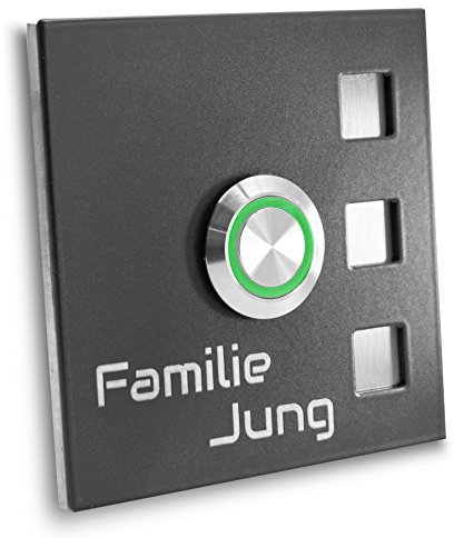 Jung-Edelstahl-Design Türklingel mit Gravur anthrazit Ral7016 pulverbeschichtet. Haustürklingel 70x70 mm Klingel Taster Led grün Klingelplatte Köln