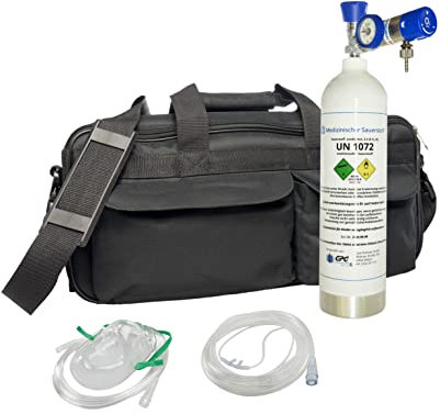 Mobiles Sauerstoff-Notfallsystem All inclusive - 1,8 Liter medizinischer Sauerstoff (Aluminiumflasche) mit Druckminderer MediSelect 25, Tragetasche und Maske