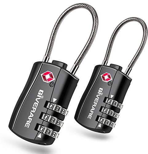 GIVERARE Lot de 2 cadenas à bagages approuvés par la TSA, cadenas de voyage à combinaison, cadenas à 3 chiffres avec corps en alliage, cadenas de voyage sans clé, pour casier de gym, sac de golf, noir